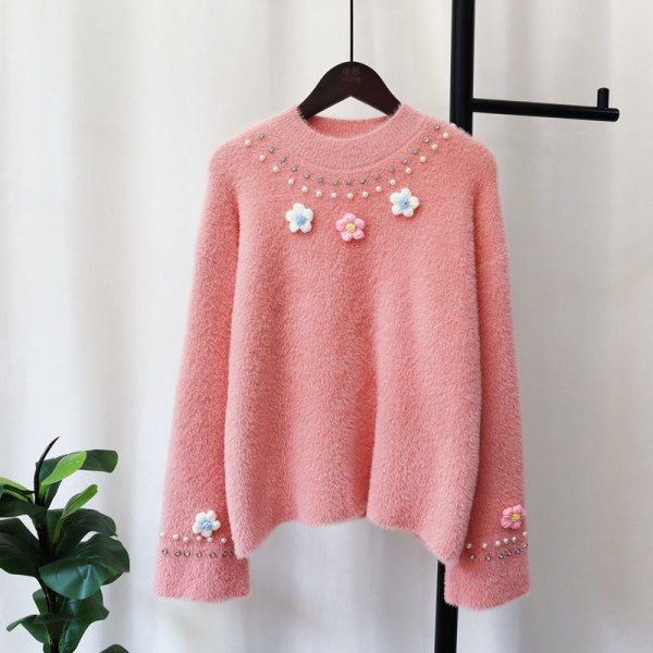 Dam flickor Stickat tröja med pärlor tredimensionell blomtröja Mjuk klibbig söt Pink 55*98*44cm