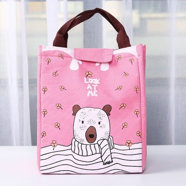 Bärbar Lunchpåse Praktisk Aluminiumfolie Canvas Kallisolering Thermal Bag Pink Bear