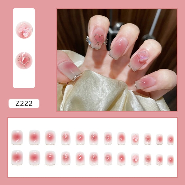 False Nails Fake Art DIY Finger Cover Blush Golden Edge Rosa Transparent White Bow Love Z222