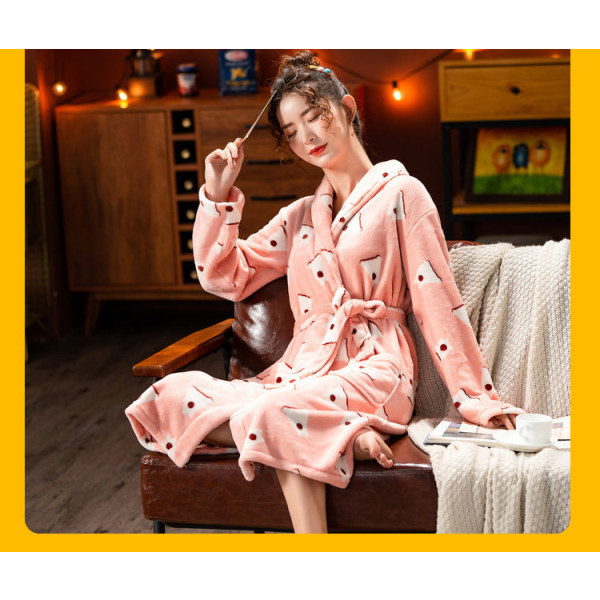 Lång flanell förtjockad morgonrock för damer, öppen front korallfleecerock Mysig hempyjamas nattkläder pink XL