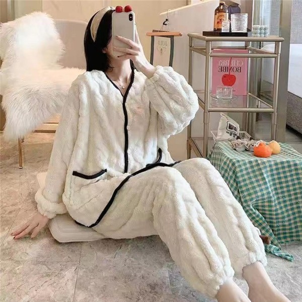 Coral Velvet Pyjamas sovkläder Plysch förtjockad varm hemkostym white 2XL [Suggested 135-150kg]