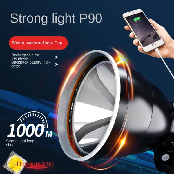 Pannlampa strålkastare P90 Strong Light USB Laddning Large Light Cup LED Spotlight Long Shot White Light