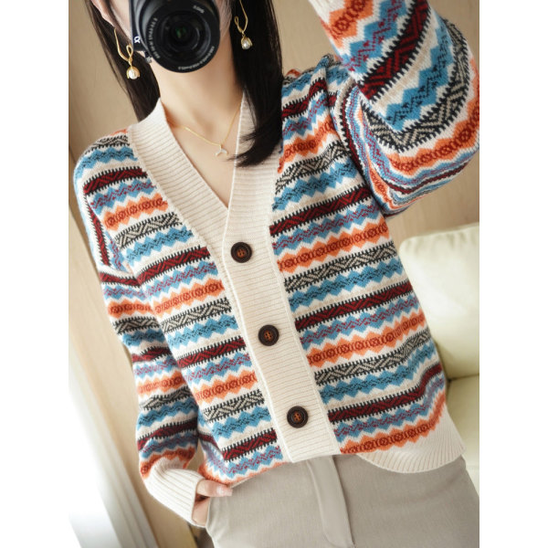 Dam flickor Stickad tröja Koreansk stil V-ringad Etnisk stil Jacquard stickad cardigan Beige L
