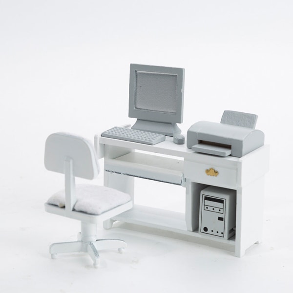 Micro Miniatyr Möbler Tiny Småskalig leksak Doll House DIY Decora Mini 1:12 dator skrivbord och stol kontor White