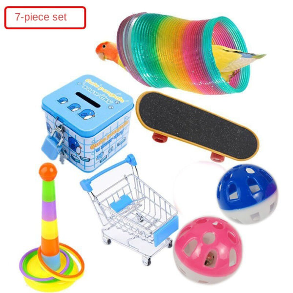 Fågel roliga leksaker Säker papegoja Fågel set Skateboard Barnvagn Bitträning Interaktiva verktyg 7-piece set