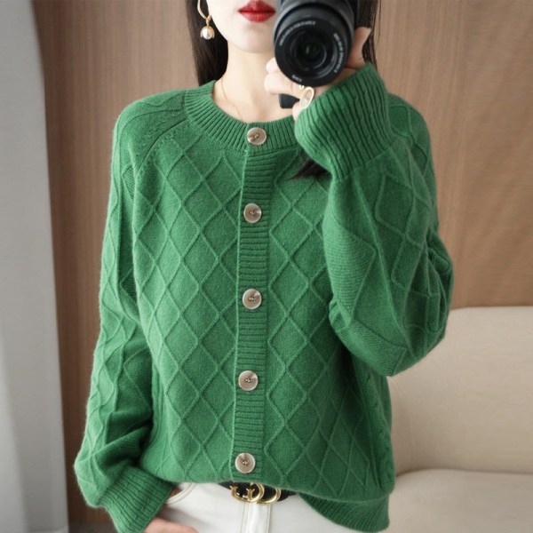 Dam flickor Stickad tröja Rundhalsad Rhombus Cardigan Lös tröja Coat Green M