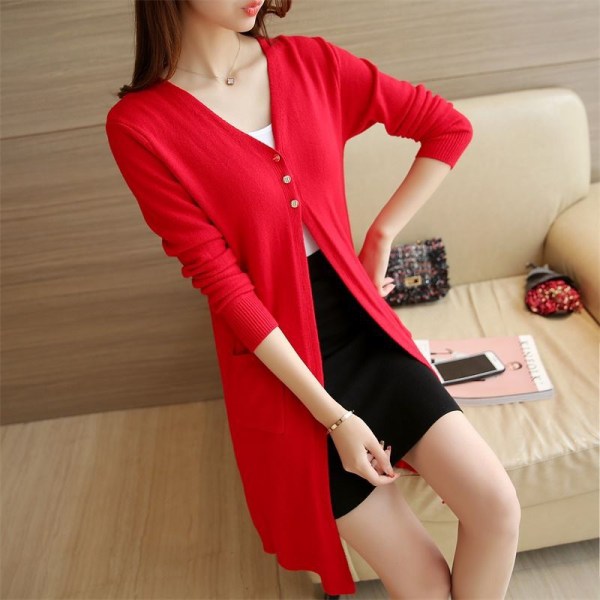 Dam flickor Stickad tröja mellanlång tunn ytterkläder Slim sjal långärmad kofta Bright red 85*92*56cm