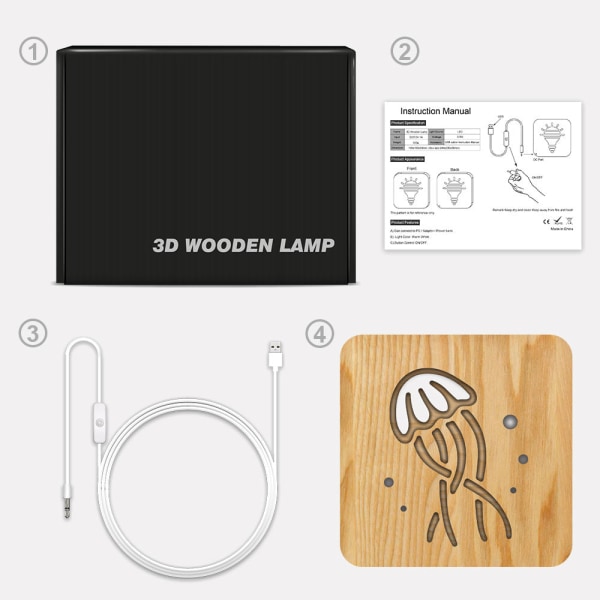 Långvarig LED Wooden Carving Night Light USB Power Manet kreativ T2253W