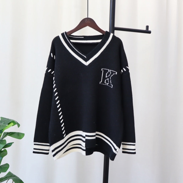 Dam flickor Stickad tröja Nisch College Style Idle Style Löströja Pullover Black 63*116*43cm