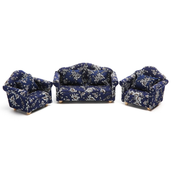 Mikrominiatyrmöbler Tiny småskalig leksaksdockahus Gör-det-själv Decora Mini 1:12 blå tyg liten blommig high-end soffa Sofa set