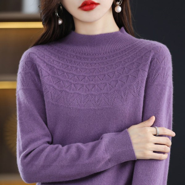 Dam flickor Stickat tröja Mjuk klibbig sömlös Halvkrage Ull Ihåliga ytterkläder Dark purple XXL