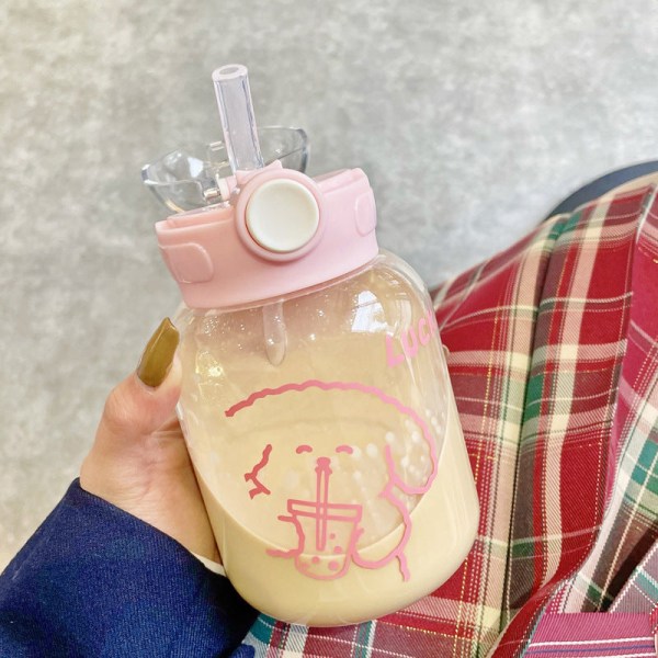 Läcksäker vattenflaska för barn Söt barn Enkelt snygg söt med halm Bärbar anti-fall plast Pink 600 ml