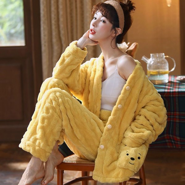 Flanell koreansk version av Pyjamas sovkläder kvinnlig vinter tjock korall sammet studenter söta hemkläder varm kostym yellow L(100 kg -120 kg)