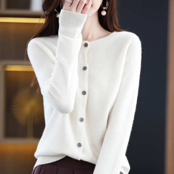 Dam flickor Stickat tröja Koreansk rundhals Enfärgad Ull Stickad kofta Yttertoppar White M