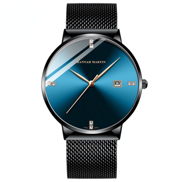 Klassiska män klockor Diamant-incrusted vattentät student kalender stålklocka watch Blue