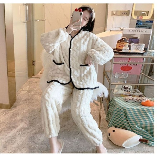 Coral Velvet Pyjamas sovkläder Plysch förtjockad varm hemkostym white XL [115-135 kg recommended]