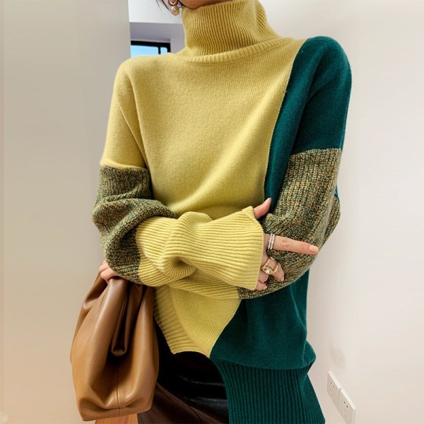 Dam flickor Stickad tröja Polokrage Kontrastfärg Lös bottenskjorta Tröja Topp Yellow Green 58*106*44cm