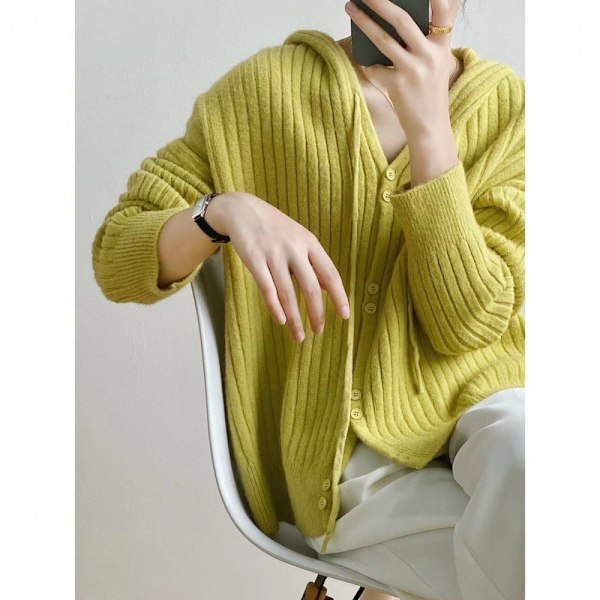 Dam flickor Stickat tröja Lazy Wind Cardigan Hooded Cardigan Chic Toppar Ytterkläder Mustard green 56*47*104cm