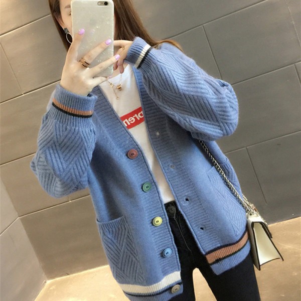 Kvinnor flickor Stickad tröja Lös koreansk stil V-ringad All-matchande liten kofta Blue 58*100*45cm