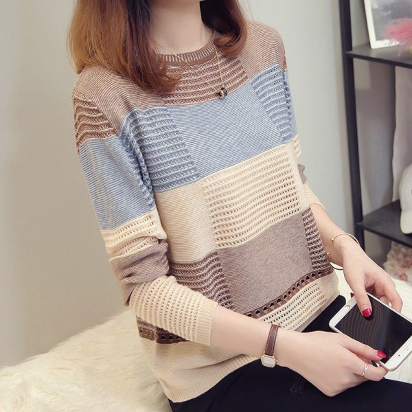 Dam flickor Stickat tröja Pullover Färgmatchande löst sittande randiga långa ärmar Coffee color Average size