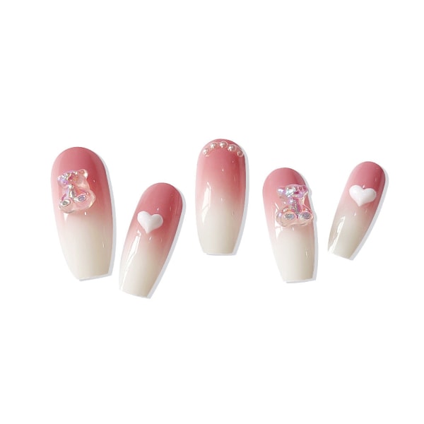 False Nails Fake Art DIY Finger Cover Avtagbar Färdig Pearl Bear Rosa Vit Gradient JP2921-B3