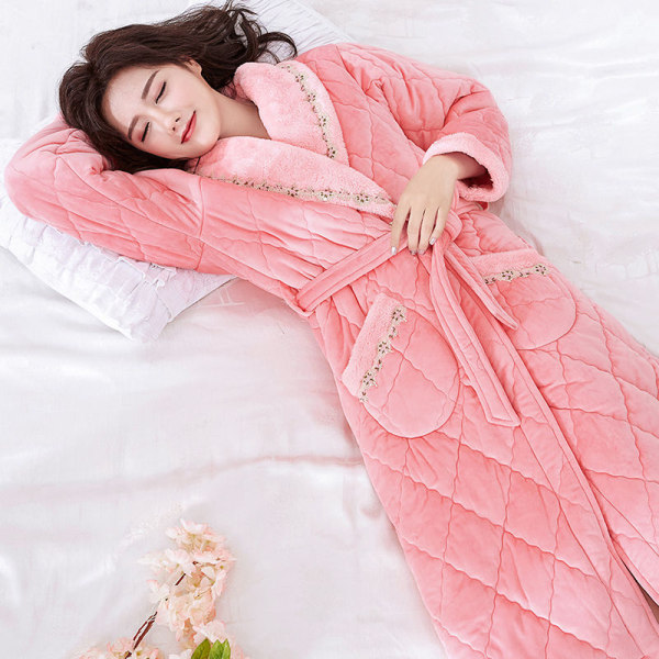 Tjock långsträckt korall fleece bomull flanell vinterklänning fleece badrock stil Pyjamas sovkläder män dark pink XL