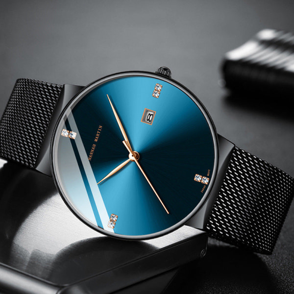 Klassiska män klockor Diamant-incrusted vattentät student kalender stålklocka watch Blue