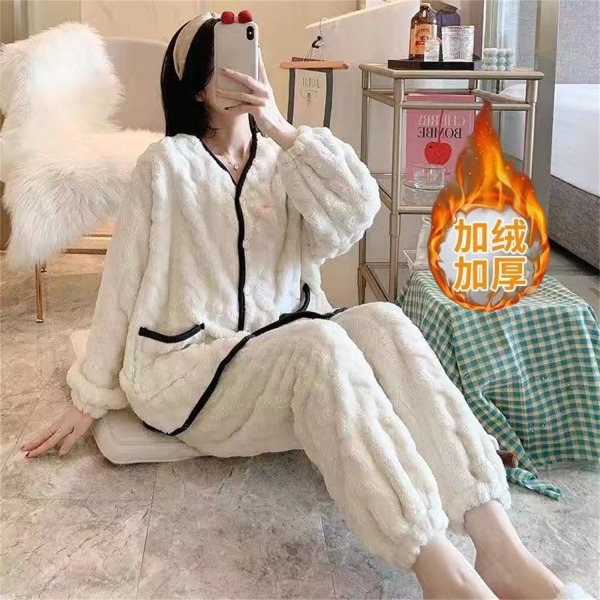 Coral Velvet Pyjamas sovkläder Plysch förtjockad varm hemkostym white L [100-115kg recommended]