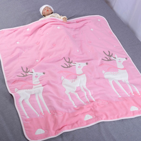 Mjuk komfortfilt Bomull 10-lagers gasväv Barntäcke Höst Vinter Badhandduk Babyskydd Cover Spotted Deer pink 115*120cm