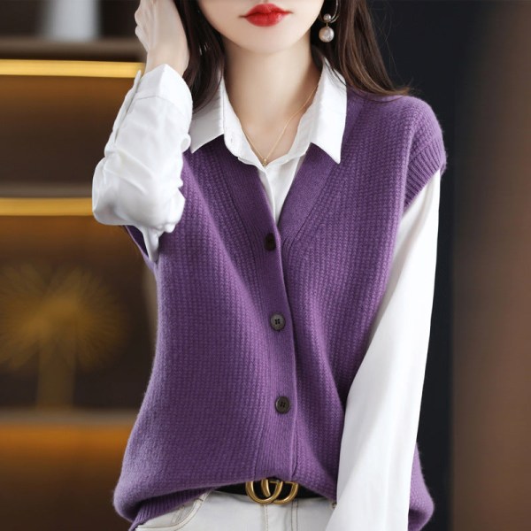 Dam flickor Stickat tröja kofta väst Löst matchande ärmlösa ytterkläder Cover-up Purple 65*105cm