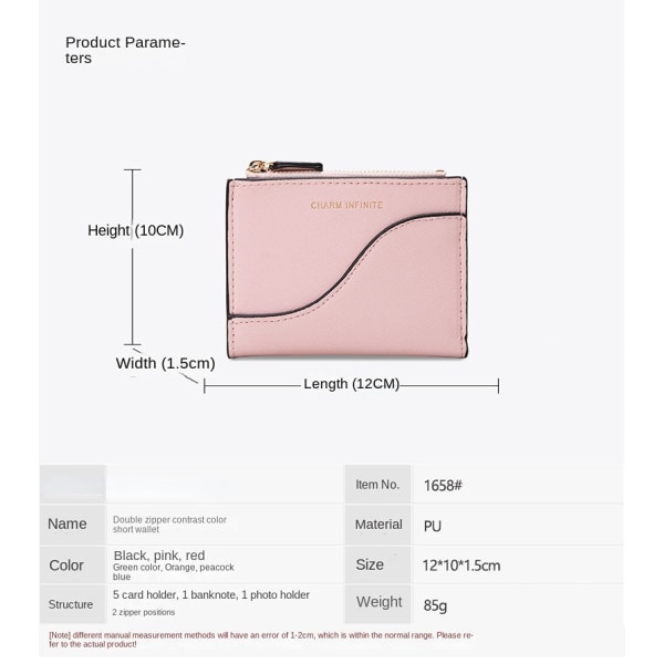 Kvinnor plånbok myntväska Xiaoxi K Texture Dubbel dragkedja Kvinnlig koreansk stil Färg Kontrast Kort Pink