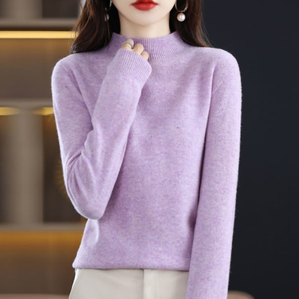 Dam flickor Stickad tröja Halvkrage ulltröja Inner lös topp bottenskjorta Purple M