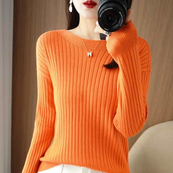 Dam flickor Stickad tröja off-neck bred randig bottentröja Enfärgad lös  tröja Fresh Orange M d503 | Fresh Orange | M | Fyndiq