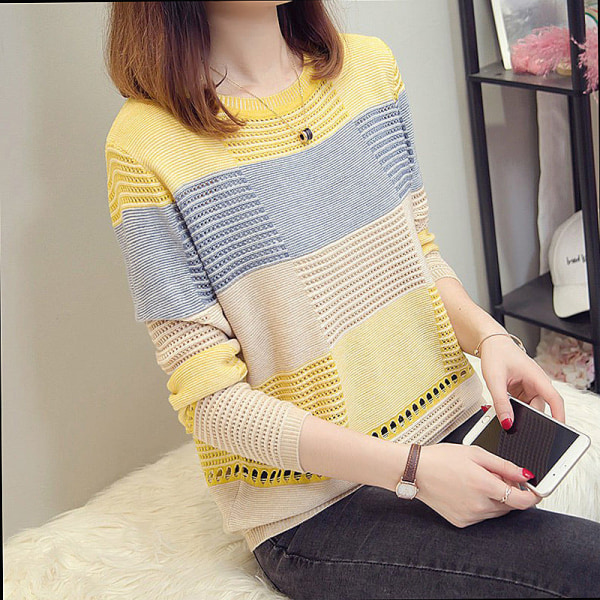 Dam flickor Stickat tröja Pullover Färgmatchande löst sittande randiga långa ärmar Yellow Average size