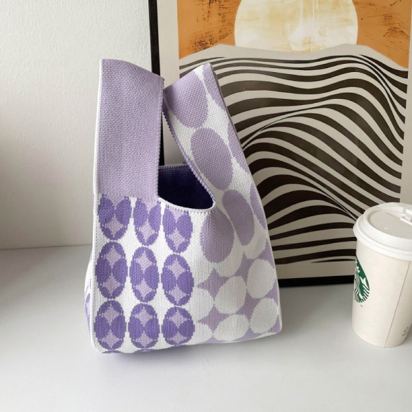 Dam Handväska Specialintresse Girl Pink Knitted Bag All-Match Shoulder Woven Bag bag White and purple contrast Color dots