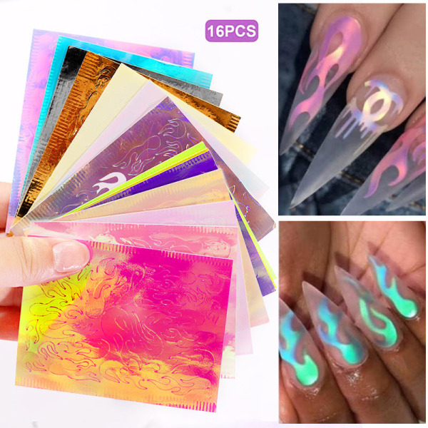 Nail Art Flame Stickers Laser Magic Color med självhäftande tejp 16 färger Set 16 flame mixed stickers