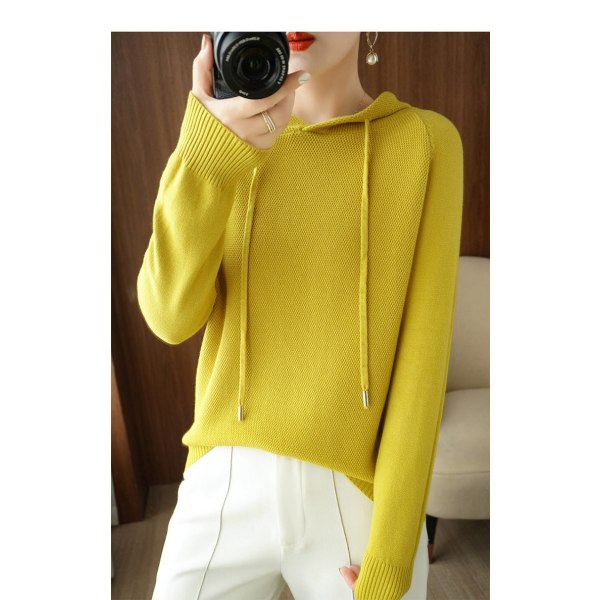 Dam flickor Stickad tröja Huva Enfärgad Huvtröja Huvtröja Cardigan Tröja Coat Mustard yellow XXL