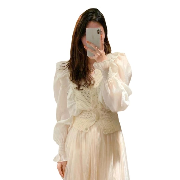 Dam flickor Stickad tröja volangsömmar Puffärm Temperament Mesh kjol i två delar White M
