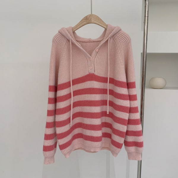 Dam flickor Stickat Tröja Randig Kontrastfärg Långärmad Pullover Huva Lös Pink 63*114*65cm