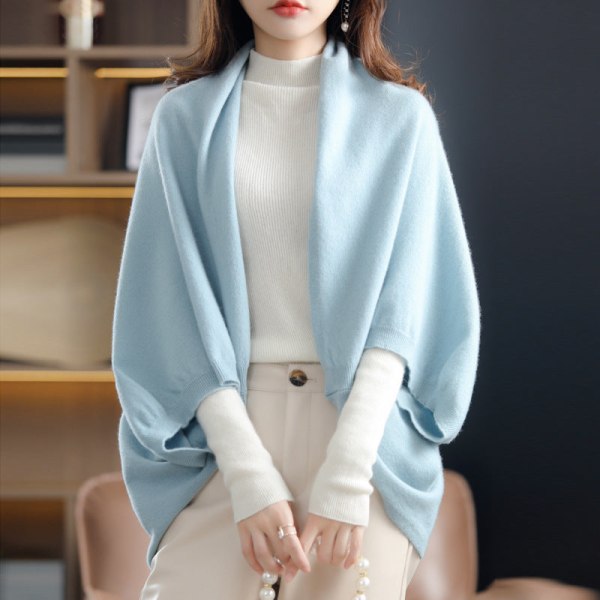 Dam flickor Stickat tröja Multifunktionell kashmirsjal halsduk Fem fjärdedels ärm ull Light Blue 135*65cm
