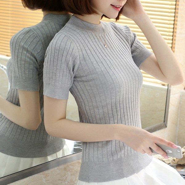 Kvinnor flickor Stickad tröja Kort halv turtleneck Vertikalt mönster Kortärmad botten Gray M