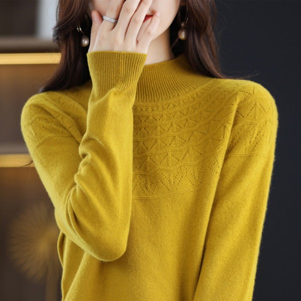 Dam flickor Stickat tröja Mjuk klibbig sömlös Halvkrage Ull Ihåliga ytterkläder Mustard yellow XXL