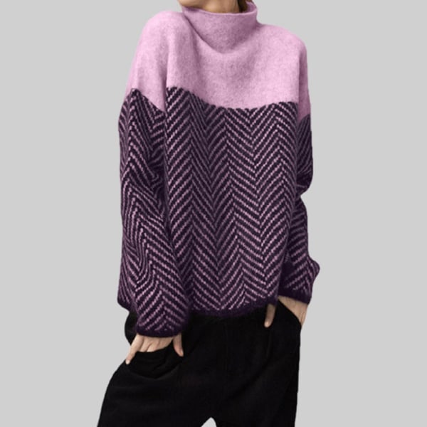 Dam flickor Stickad tröja Retro Flerfärgad Halvpolotröja Lös Lazy Inner Pullover Purple M