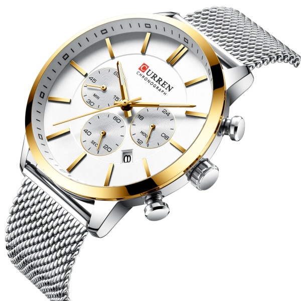 Klassiska män klockor Mesh Armband Watch Vattentät kvarts multifunktionspresent Gold shell Black