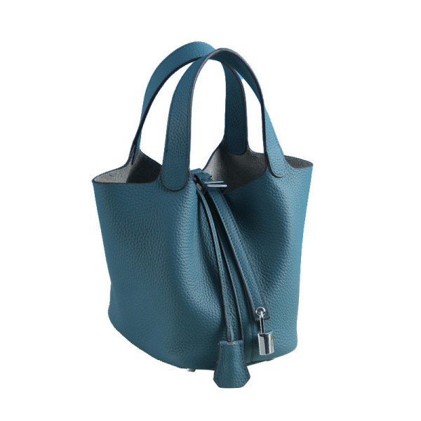 Dam Handväska Läder Handväska First Layer Cowhide Bucket Bag väska Large/22cm Lake Blue (peacock blue)