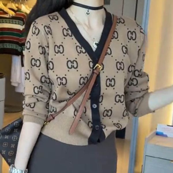 Dam flickor Stickad tröja koreansk v-ringad jacquard stickad kofta ytterkappa Camel S