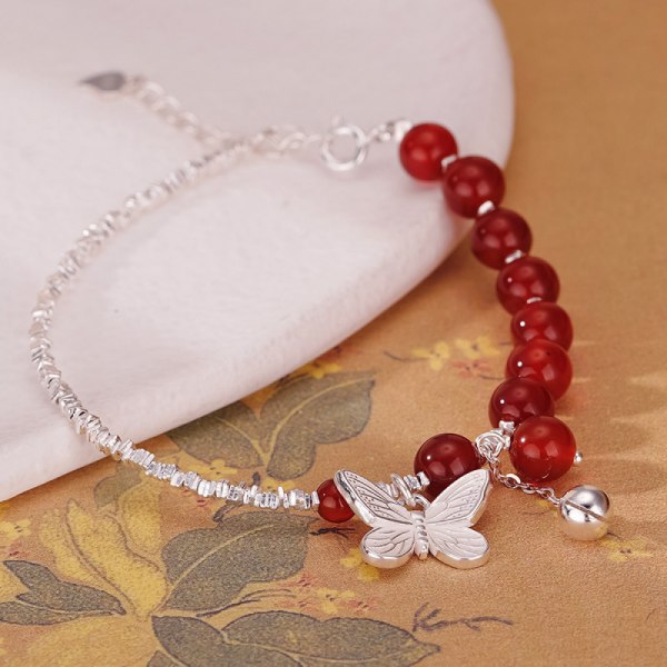 Röd agat fjärilsarmband, lämplig för familj och vänner, Inklusive Låda Vanligt silver