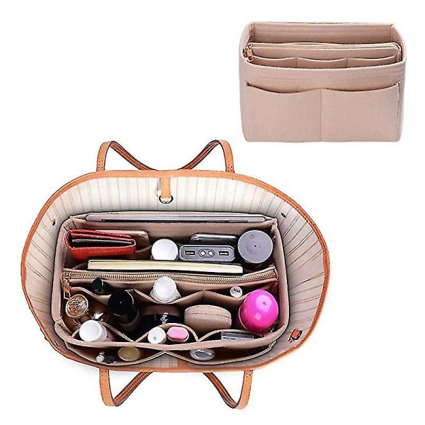 Make Up Organizer Filt Insert Bag för Handväska Resor Innerväska Beige 26*13*16