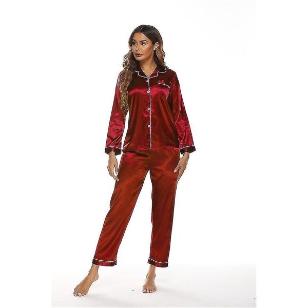 Damer Silky Satin Pyjamas Loungewear Tvådelad nattkläder Button-down Red M