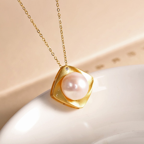 S925 Sterling Silver Guldplätering Natural Pearl Necklace, Inklusive Låda gyllene
